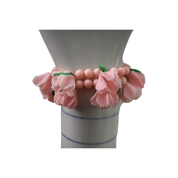 Vintage 50s Pink Celluloid Flower Green Leaves Double Strand Stretch Bracelet - Picture 3 of 6